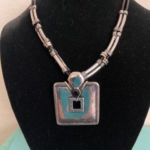 Women's New Silver and Black Rope Necklace with Fashion Silver Square 18"